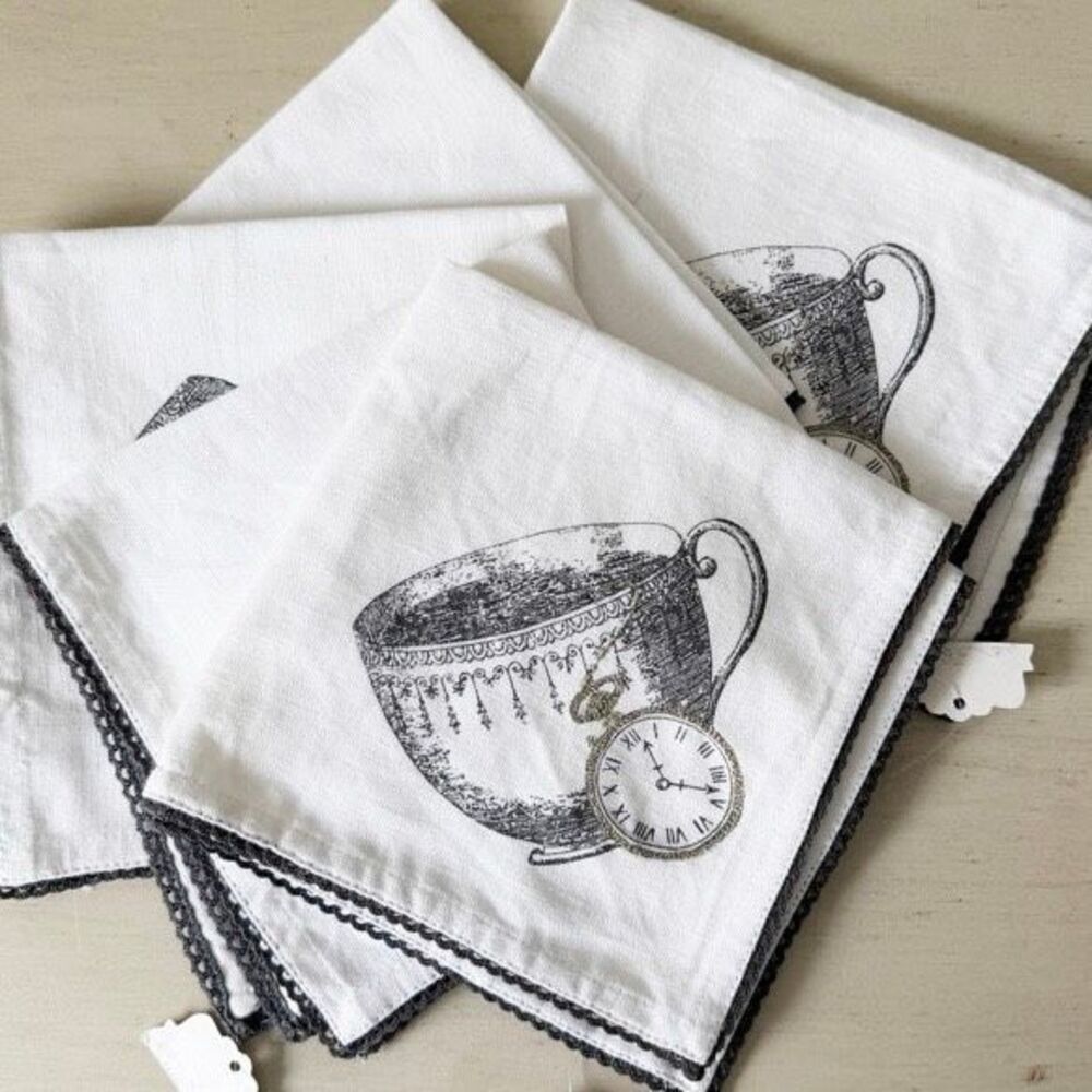New Anthropologie Vintage Cocktail Napkins, Tea Cup Pocket Watch, Set of 5